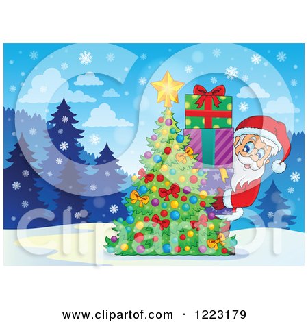 Clipart of Santa Claus with a Stack of Gifts Behind a Christmas Tree in the Snow - Royalty Free Vector Illustration by visekart