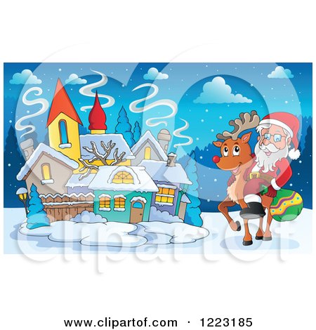 Clipart of Santa Claus Riding a Reindeer by a Village - Royalty Free Vector Illustration by visekart