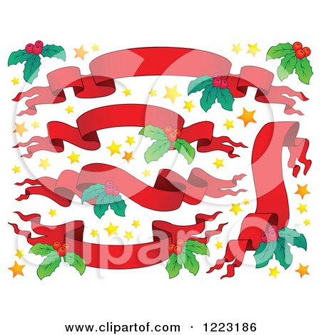 Clipart of Red Christmas Ribbon Banners with Stars and Holly - Royalty Free Vector Illustration by visekart