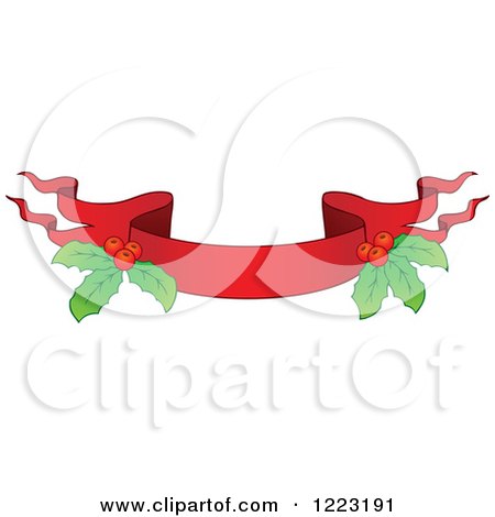 Clipart of a Red Christmas Ribbon Banner with Holly 5 - Royalty Free Vector Illustration by visekart