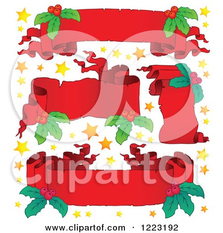 Clipart of Red Christmas Parchment Banners with Stars and Holly - Royalty Free Vector Illustration by visekart