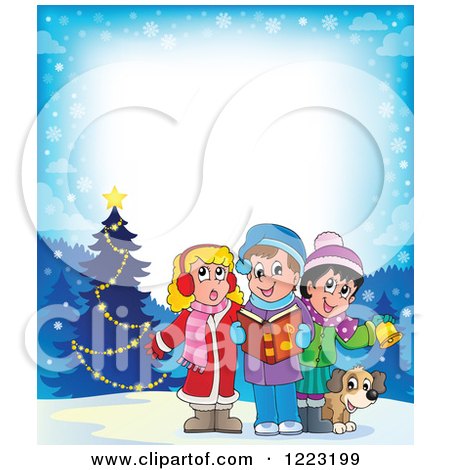 Clipart of a Border of a Dog with Christmas Carol Children Singing in the Snow - Royalty Free Vector Illustration by visekart