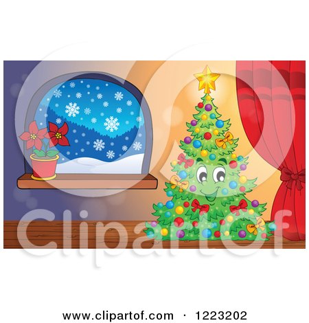 Clipart of a Happy Christmas Tree by a Window - Royalty Free Vector Illustration by visekart