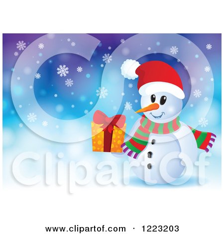 Clipart of a Happy Snowman Holding a Christmas Present over Snow - Royalty Free Vector Illustration by visekart