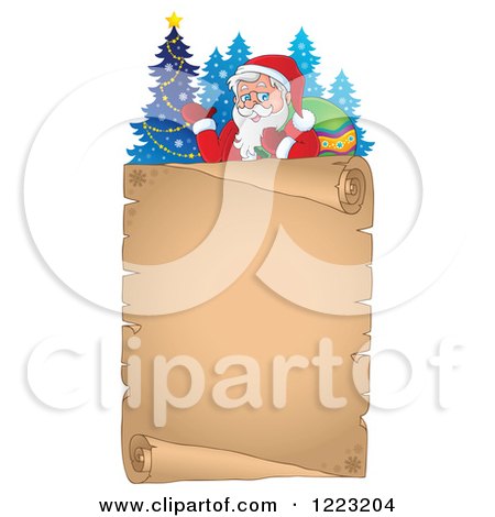 Clipart of Santa Claus Waving and Carrying a Sack over His Shoulder Above a Parchment Scroll - Royalty Free Vector Illustration by visekart