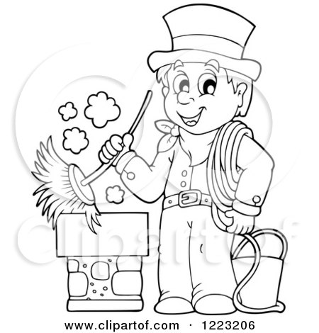 Clipart of an Outlined Chimney Sweep Man Holding a Brush - Royalty Free Vector Illustration by visekart