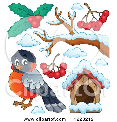Clipart of a Cute Robin Bird with Snow Berries a Branch and House - Royalty Free Vector Illustration by visekart