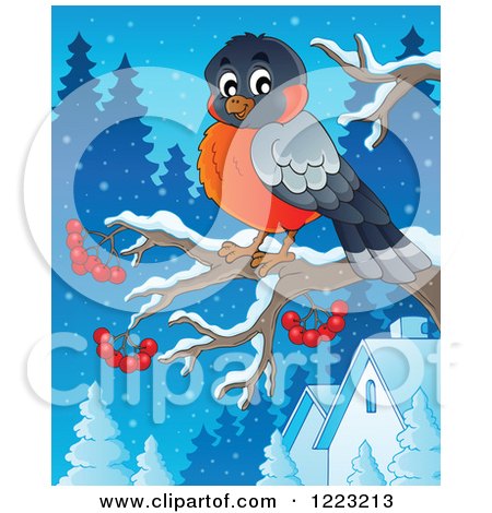 Clipart of a Cute Robin Bird Perched on a Branch with Berries, over a Winter Village - Royalty Free Vector Illustration by visekart