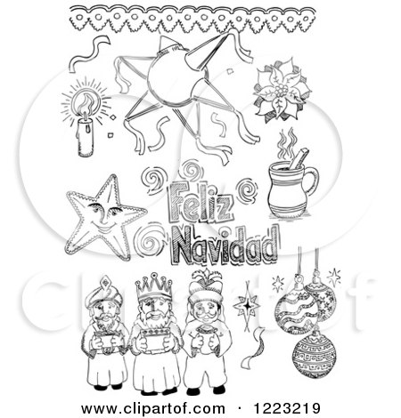Clipart of Black and White Sketched Mexican Christmas Items - Royalty Free Vector Illustration by David Rey