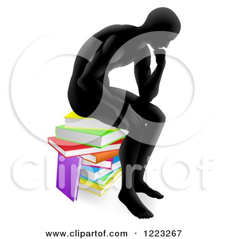Clipart of a Silhouetted Man Sitting and Thinking on a Stack of Books - Royalty Free Vector Illustration by AtStockIllustration