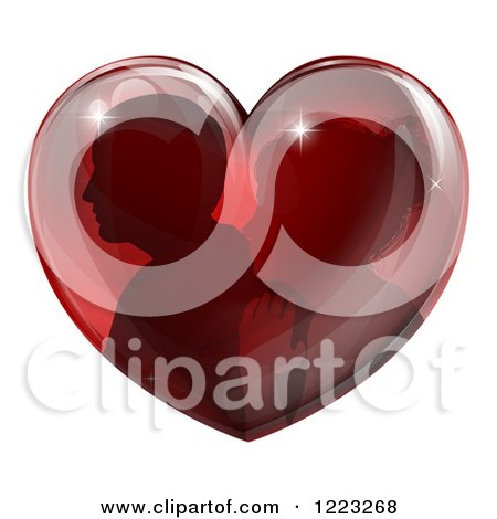Clipart of a Silhouetted Couple Inside a Reflective Red Heart - Royalty Free Vector Illustration by AtStockIllustration