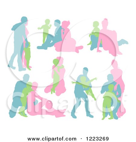 Clipart of Blue Green and Pink Silhouetted Families - Royalty Free Vector Illustration by AtStockIllustration