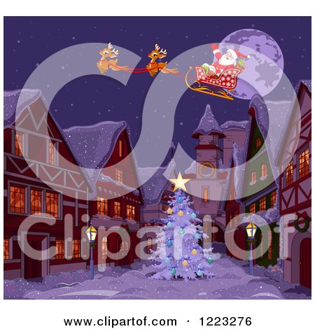 Clipart of Cute Reindeer and Santa Flying Over a Christmas Village at Night - Royalty Free Vector Illustration by Pushkin