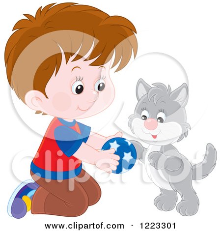 Clipart of a Happy Gray Kitten and Boy Playing with a Ball - Royalty Free Vector Illustration by Alex Bannykh