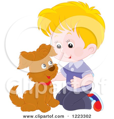 Clipart of a Happy Blond Boy Kneeling and Petting a Puppy - Royalty Free Vector Illustration by Alex Bannykh