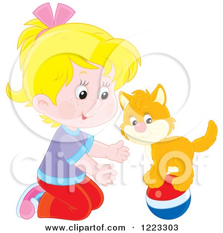 Clipart of a Happy Ginger Kitten and Girl Playing with a Ball - Royalty Free Vector Illustration by Alex Bannykh