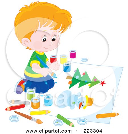 Clipart of a Happy Blond Boy Kneeling and Painting a Christmas Tree and Snowman - Royalty Free Vector Illustration by Alex Bannykh