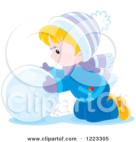 Clipart of a Happy Blond Boy Making a Giant Snowball - Royalty Free Vector Illustration by Alex Bannykh