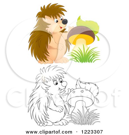 Clipart of an Outlined and Colored Happy Hedgehog by a Mushroom - Royalty Free Illustration by Alex Bannykh