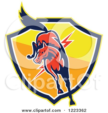 Clipart of a Red Horse Jumping over a Lightning Bolt and Shield - Royalty Free Vector Illustration by patrimonio