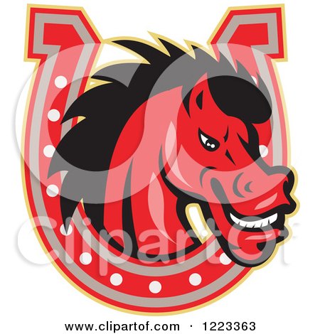 Clipart of a Red Horse Grinning Through a Horseshoe - Royalty Free Vector Illustration by patrimonio