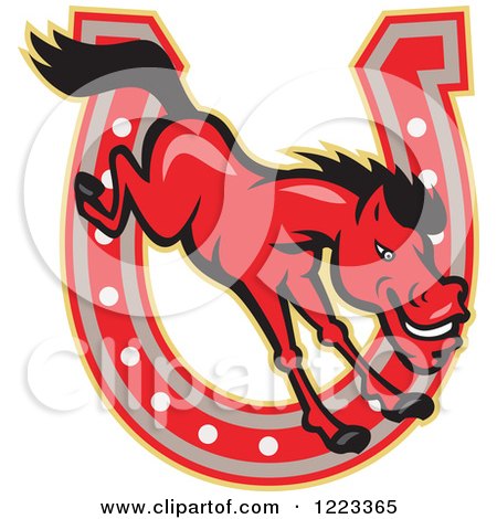 Clipart of a Red Horse Jumping over a Horseshoe - Royalty Free Vector Illustration by patrimonio