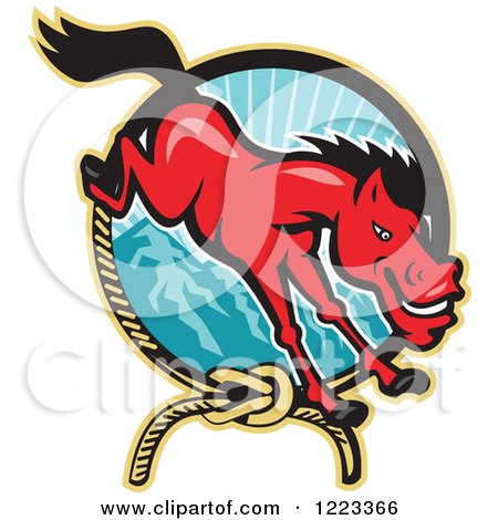 Clipart of a Red Horse Leaping over a Lariat Rope and Mountains - Royalty Free Vector Illustration by patrimonio