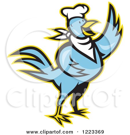 Clipart of a Blue Cartoon Chef Chicken Waving, with a Yellow Outline - Royalty Free Vector Illustration by patrimonio