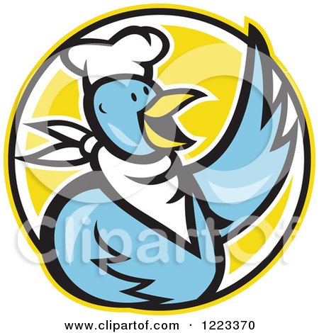 Clipart of a Blue Cartoon Chef Chicken Waving over a Yellow Circle - Royalty Free Vector Illustration by patrimonio