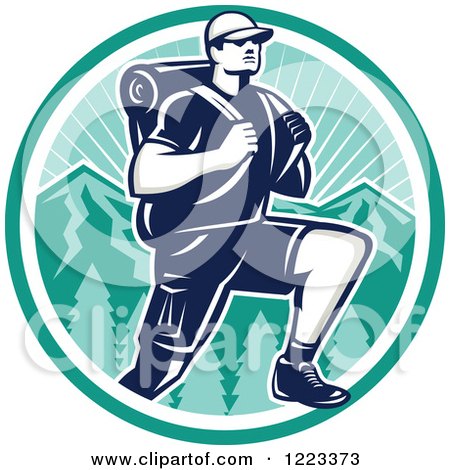 Clipart of a Retro Woodcut Man Hiking over Mountains in a Turquoise Circle - Royalty Free Vector Illustration by patrimonio