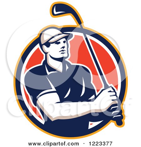 Clipart of a Male Golfer Swinging a Club in a Red Circle - Royalty Free Vector Illustration by patrimonio