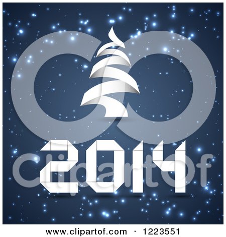 Clipart of a White Tree and New Year 2014 on Sparkly Blue - Royalty Free Vector Illustration by vectorace