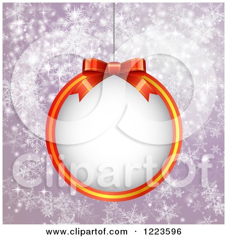 Clipart of a Christmas Bauble Frame over Purple with Snowflakes - Royalty Free Vector Illustration by vectorace