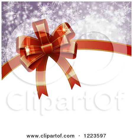 Clipart of a Bow and Ribbon Christmas Gift Background with White and Snowflakes - Royalty Free Vector Illustration by vectorace
