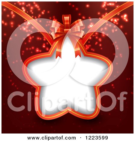 Clipart of a Star Shaped Christmas Gift Tag Label and Bow over Red - Royalty Free Vector Illustration by vectorace