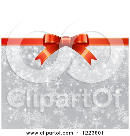 Clipart of a Bow and Ribbon Christmas Gift Background with White and Snowflakes on Gray - Royalty Free Vector Illustration by vectorace