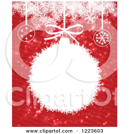 Clipart of a Christmas Bauble Frame over Red Stripes with Snowflakes - Royalty Free Vector Illustration by vectorace