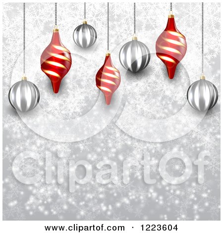 Clipart of a Christmas Background of Red and Silver Ornaments over Gray with Snowflakes - Royalty Free Vector Illustration by vectorace