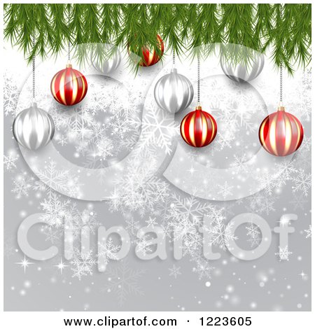 Clipart of a Christmas Background of Red and Silver Baubles and Branches over Gray with Snowflakes - Royalty Free Vector Illustration by vectorace