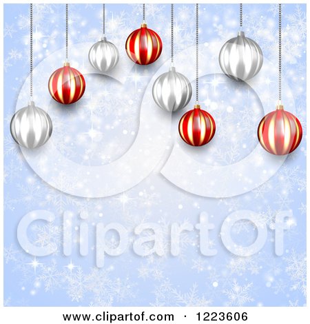 Clipart of a Christmas Background of Red and Silver Baubles over Blue with Snowflakes - Royalty Free Vector Illustration by vectorace