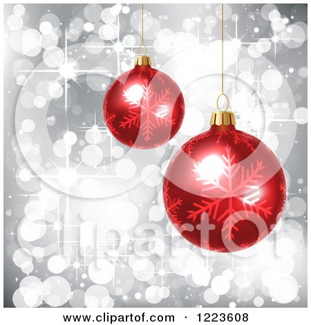 Clipart of a Christmas Background of Red Baubles over Gray with Snowflakes - Royalty Free Vector Illustration by vectorace
