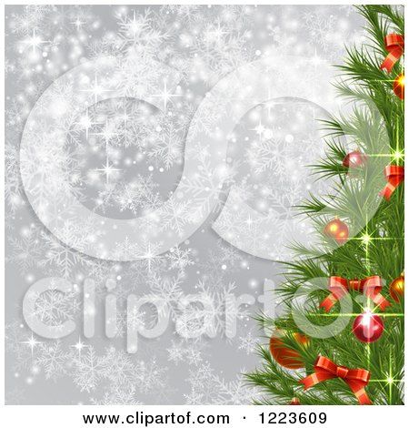 Clipart of a Sparkling Christmas Tree over Gray with Snowflakes - Royalty Free Vector Illustration by vectorace