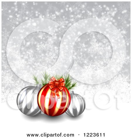 Clipart of a Christmas Background of Baubles with a Bow over Gray with Snowflakes - Royalty Free Vector Illustration by vectorace