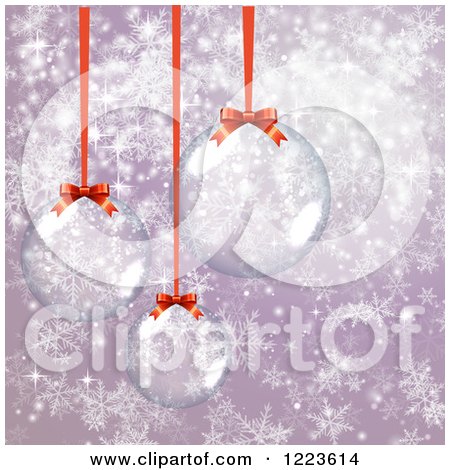 Clipart of a Christmas Background of Glass Baubles over Purple with Snowflakes - Royalty Free Vector Illustration by vectorace