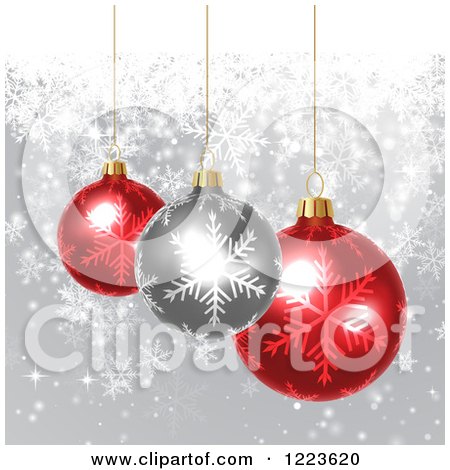 Clipart of a Christmas Background of Red and Silver Baubles over Gray with Snowflakes - Royalty Free Vector Illustration by vectorace