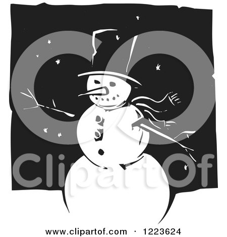 Clipart of a Woodcut Snowman with a Top Hat, in Black and White - Royalty Free Vector Illustration by xunantunich