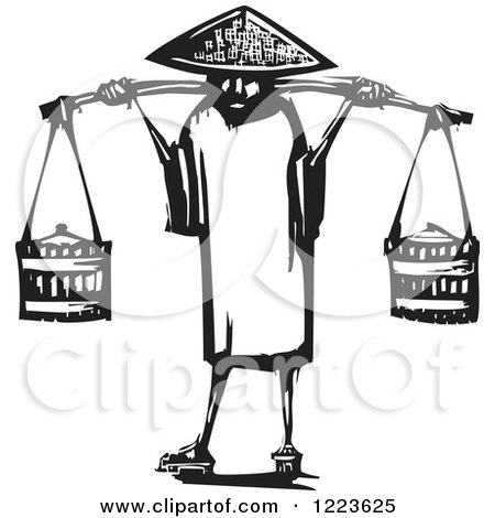 Clipart of a Woodcut Chinese Peasant Fetching Water, in Black and White - Royalty Free Vector Illustration by xunantunich