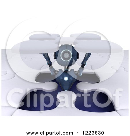 Clipart of a 3d Blue Android Robot Popping out of a Jigsaw Puzzle Opening - Royalty Free Illustration by KJ Pargeter