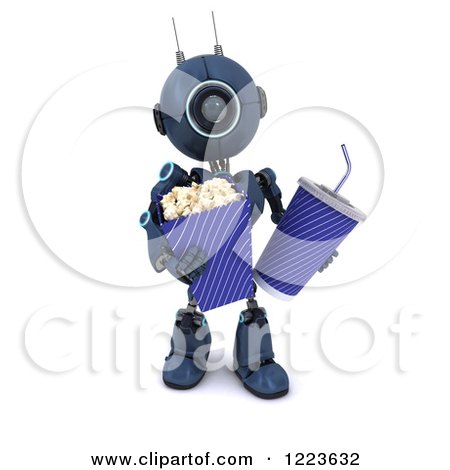 Clipart of a 3d Blue Android Robot Carrying Movie Popcorn and Soda - Royalty Free Illustration by KJ Pargeter