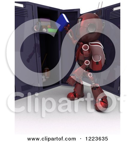 Clipart of a 3d Red Android Robot Student Putting a Book in a Locker - Royalty Free Illustration by KJ Pargeter